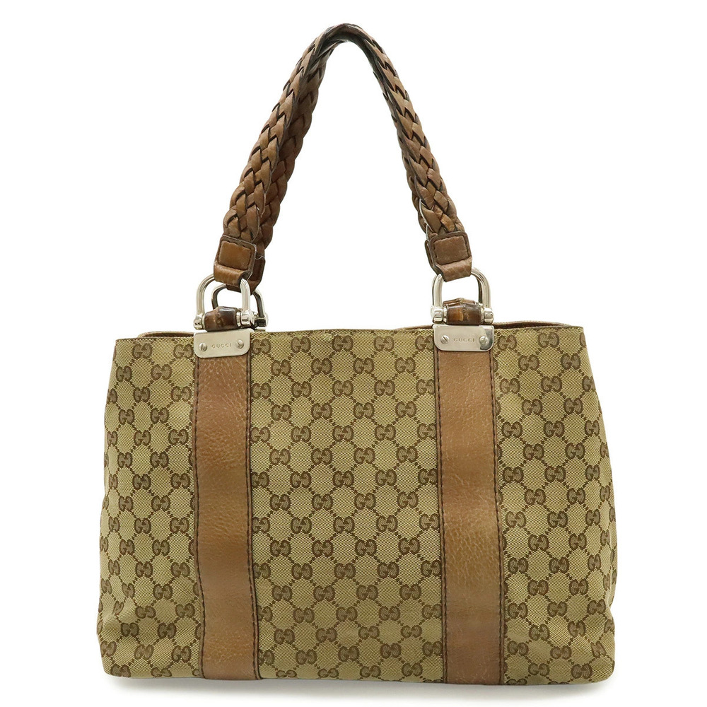 Gucci GG Canvas Bamboo Tote Bag Shoulder Woven Strap Leather Beige Cream Brown